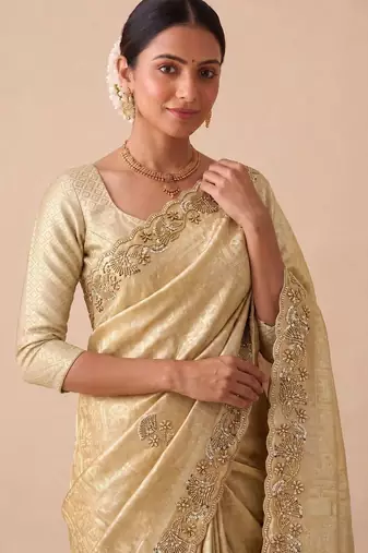 Gold woven design beads and stones silk blend banarasi saree