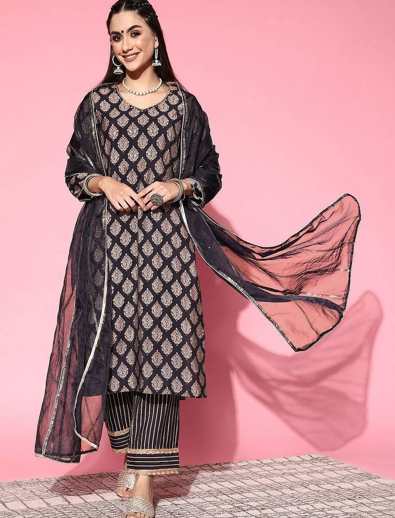 women ethnic motifs regular kurta with trousers & with dupatta