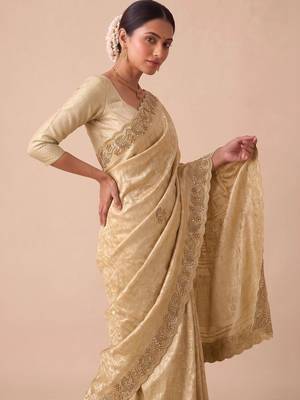 Gold woven design beads and stones silk blend banarasi saree 3