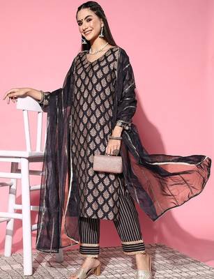 women ethnic motifs regular kurta with trousers & with dupatta 3