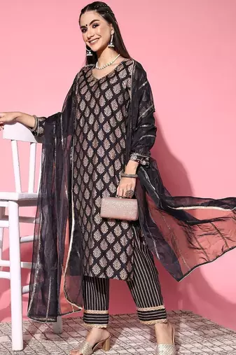 women ethnic motifs regular kurta with trousers & with dupatta