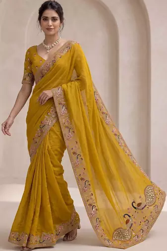 Mustard floral sequinned poly georgette saree