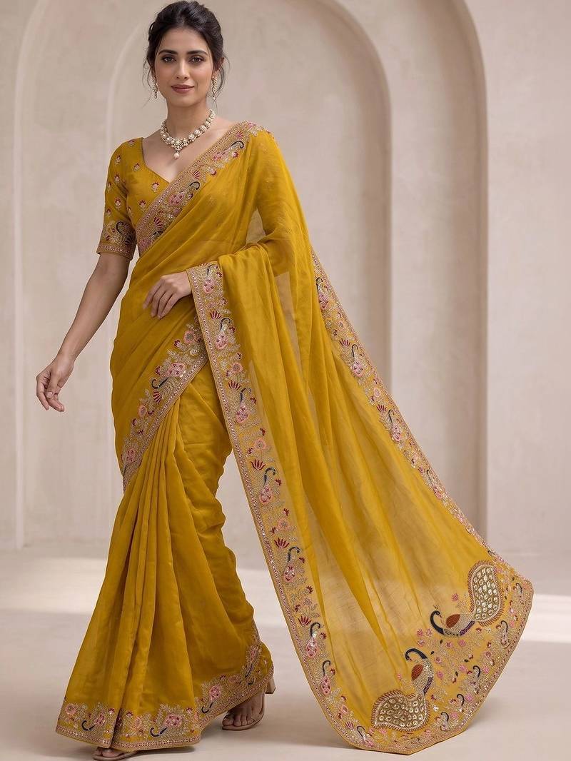 Mustard floral sequinned poly georgette saree