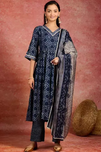 women bandhani printed regular gotta patti kurta with trousers & with dupatta