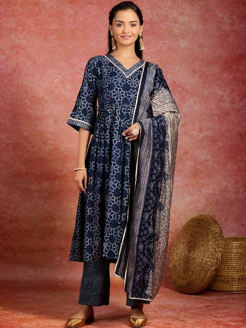 women bandhani printed regular gotta patti kurta with trousers & with dupatta