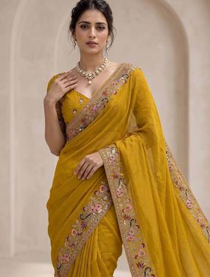 Mustard floral sequinned poly georgette saree 2