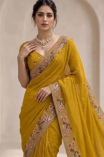 Mustard floral sequinned poly georgette saree
