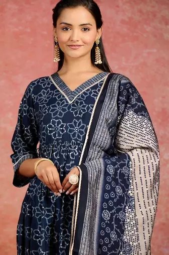 women bandhani printed regular gotta patti kurta with trousers & with dupatta