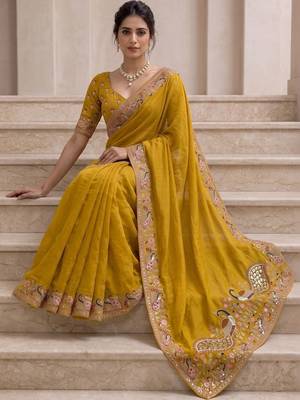 Mustard floral sequinned poly georgette saree 3
