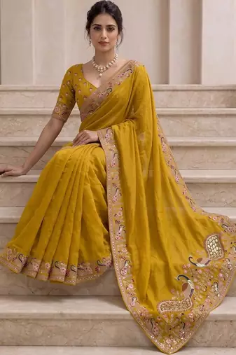 Mustard floral sequinned poly georgette saree