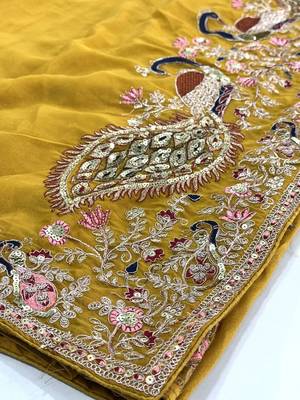 Mustard floral sequinned poly georgette saree 5