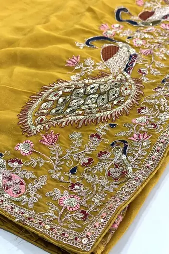 Mustard floral sequinned poly georgette saree
