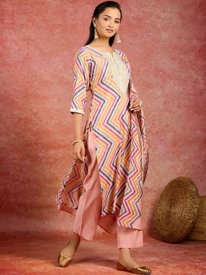 women printed regular thread work kurta with trousers & with dupatta 1