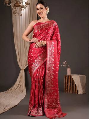 Red ethnic motifs zari silk blend designer banarasi saree 1