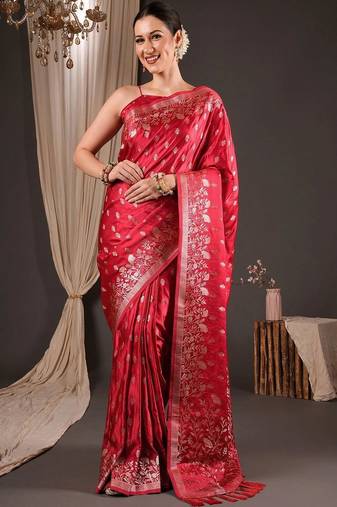 Red ethnic motifs zari silk blend designer banarasi saree