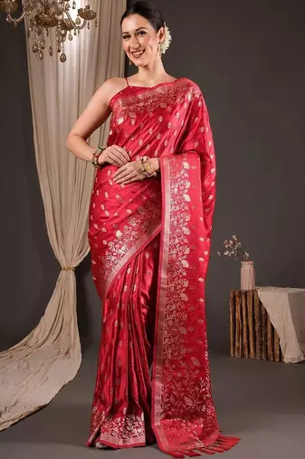 Red ethnic motifs zari silk blend designer banarasi saree