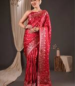 Red ethnic motifs zari silk blend designer banarasi saree