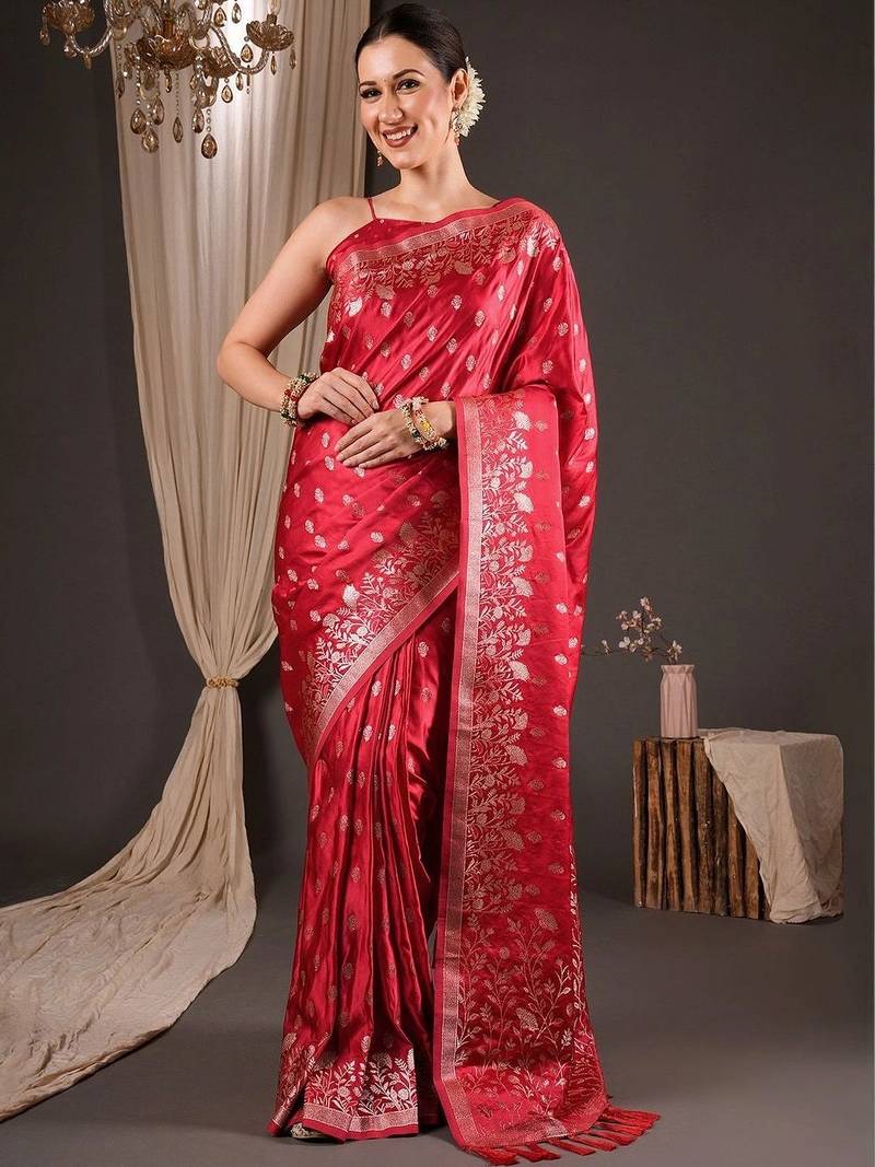 Red ethnic motifs zari silk blend designer banarasi saree