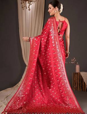Red ethnic motifs zari silk blend designer banarasi saree 2