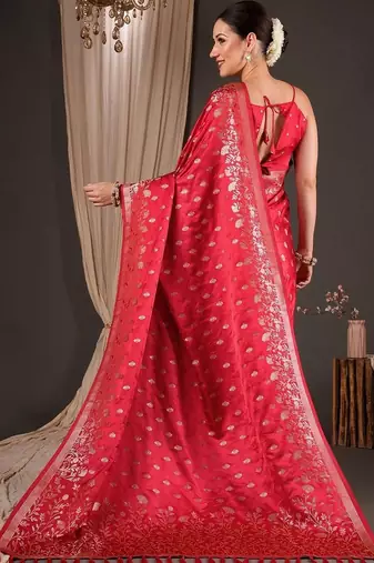 Red ethnic motifs zari silk blend designer banarasi saree