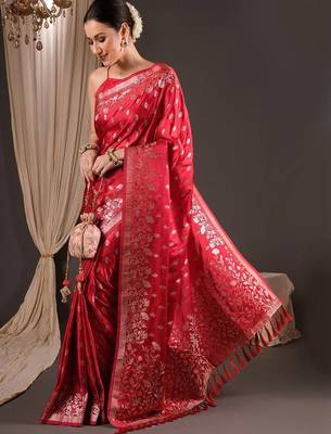 Red ethnic motifs zari silk blend designer banarasi saree 3