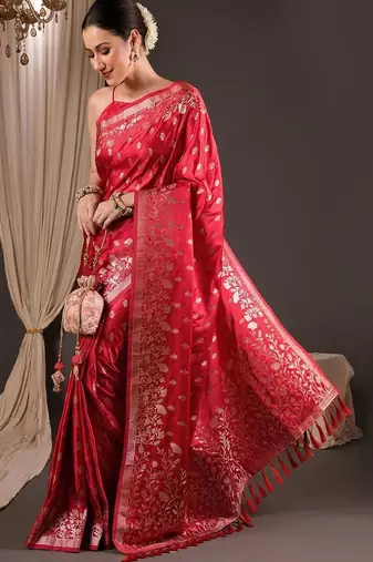 Red ethnic motifs zari silk blend designer banarasi saree