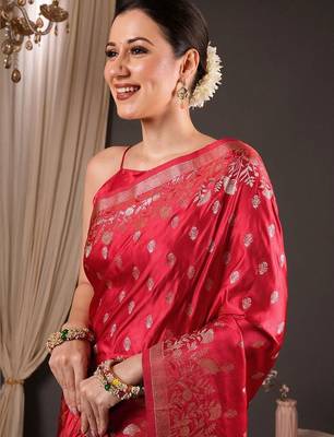 Red ethnic motifs zari silk blend designer banarasi saree 4