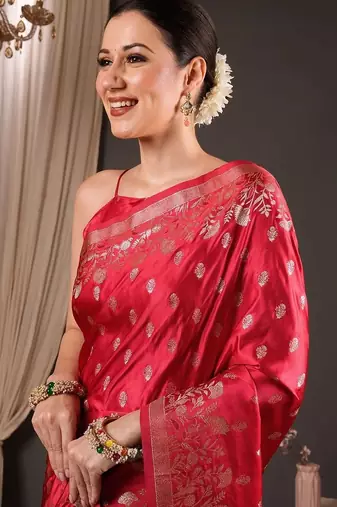 Red ethnic motifs zari silk blend designer banarasi saree
