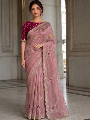 Rose floral embroidered satin saree 1