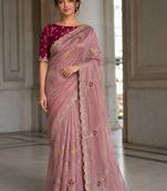 Rose floral embroidered satin saree
