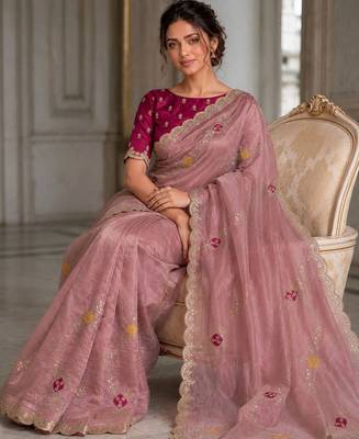 Rose floral embroidered satin saree 2