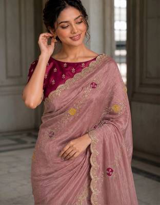 Rose floral embroidered satin saree 3