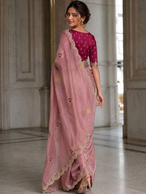 Rose floral embroidered satin saree 4