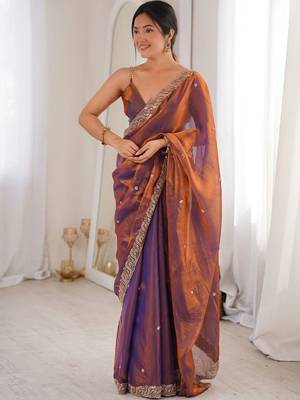 Copper embellished beads and stones satin designer saree 1