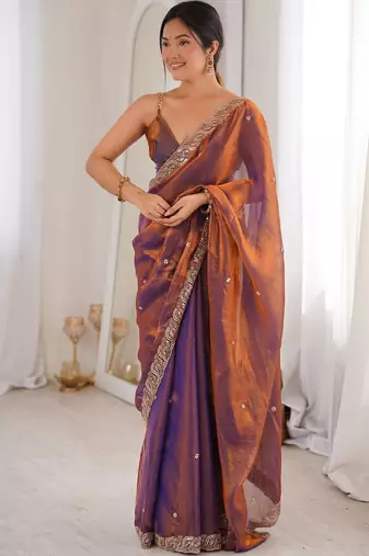 Copper embellished beads and stones satin designer saree