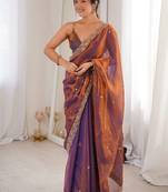 Copper embellished beads and stones satin designer saree