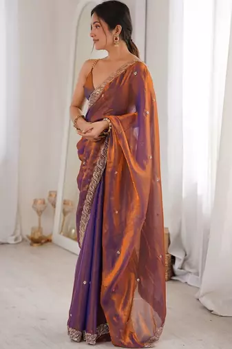 Copper embellished beads and stones satin designer saree