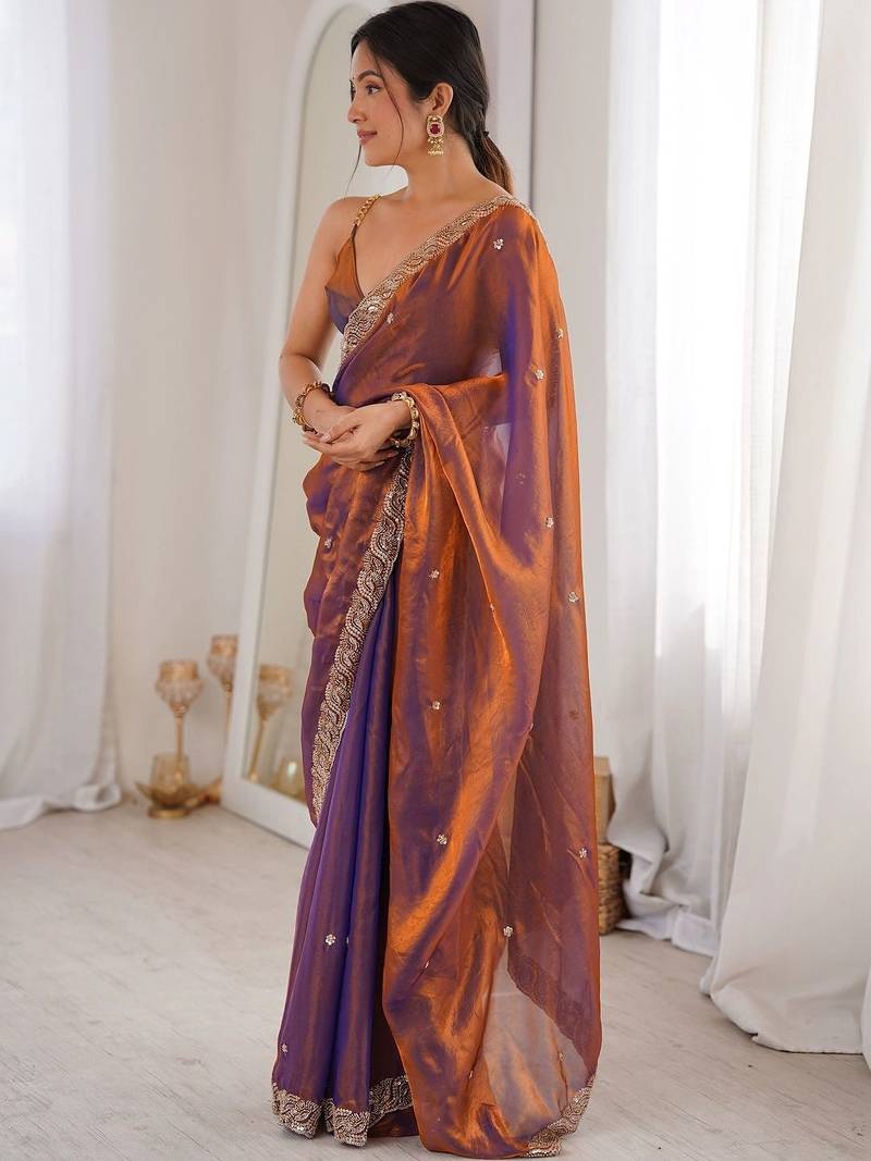 Copper embellished beads and stones satin designer saree