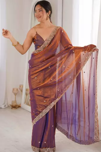 Copper embellished beads and stones satin designer saree