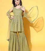 women tiered kurti with sharara & with dupatta