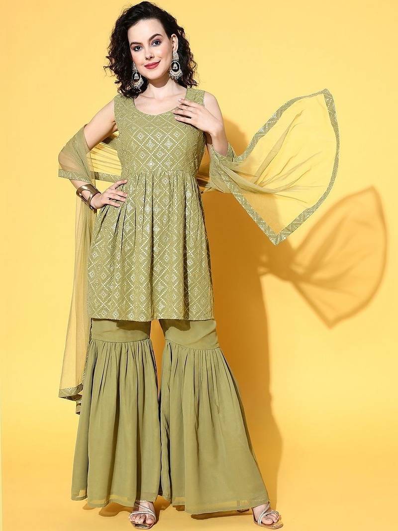 women tiered kurti with sharara & with dupatta