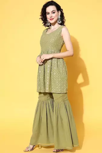 women tiered kurti with sharara & with dupatta