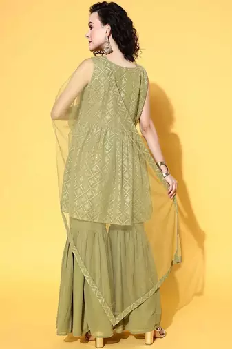 women tiered kurti with sharara & with dupatta