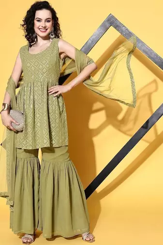 women tiered kurti with sharara & with dupatta