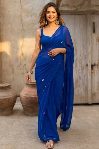Blue floral embroidered  georgette dhoti saree