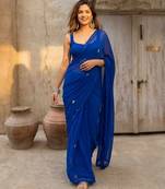 Blue floral embroidered  georgette dhoti saree