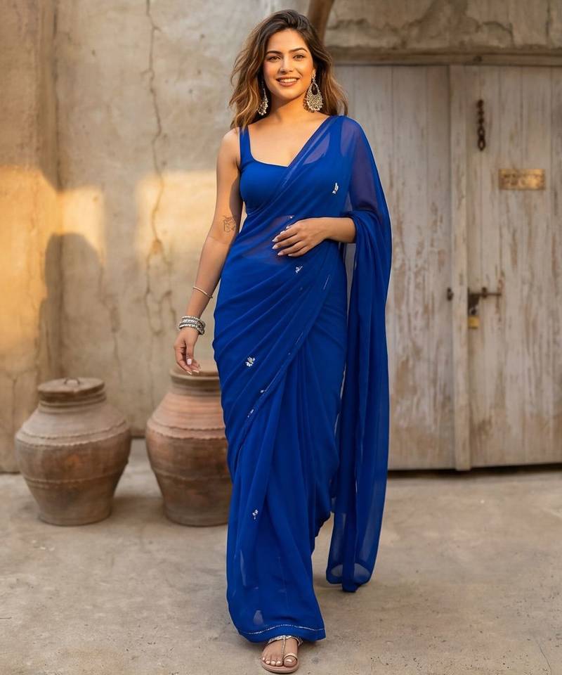 Blue floral embroidered  georgette dhoti saree