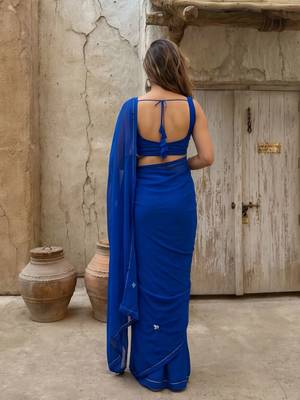 Blue floral embroidered  georgette dhoti saree 4