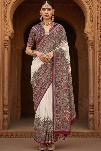 Off white ethnic motifs woven design banarasi saree with blouse piece