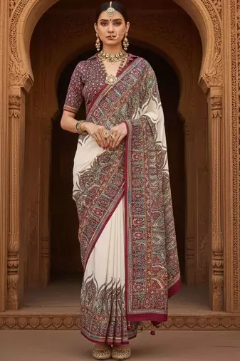 Off white ethnic motifs woven design banarasi saree with blouse piece